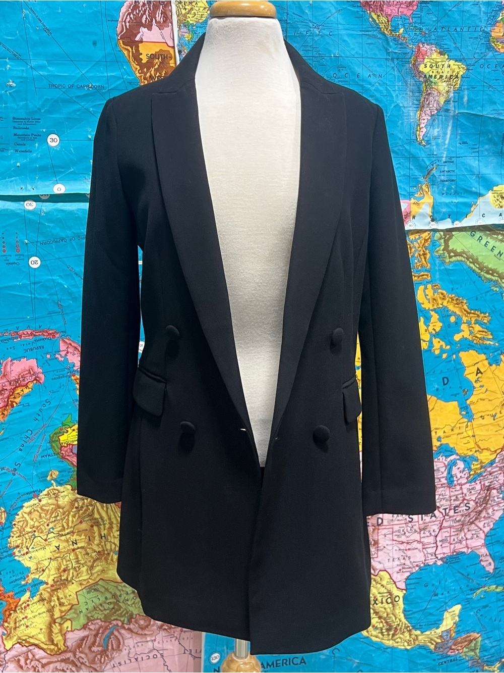 St. John Black Double-Breasted Longline Blazer